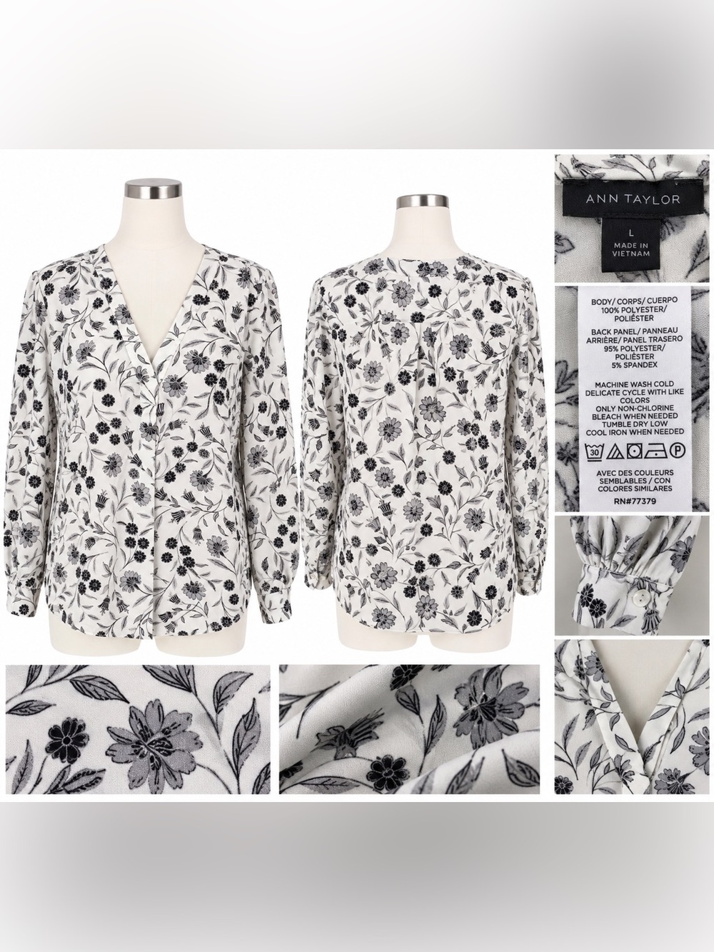 Ann Taylor Floral V-Neck Blouse Long Sleeve Black White Gray Size L